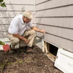 Man inspecting a crawl space access hatch outside a house
