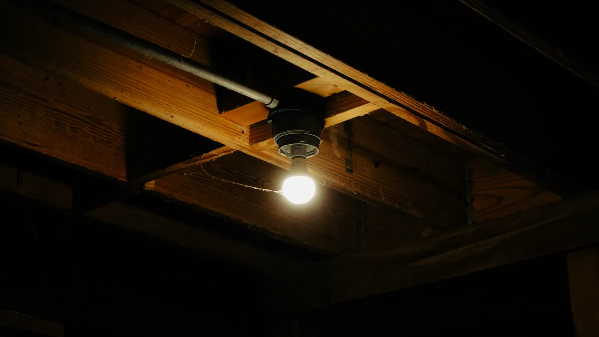 Dark crawl space ceiling with a hanging light bulb